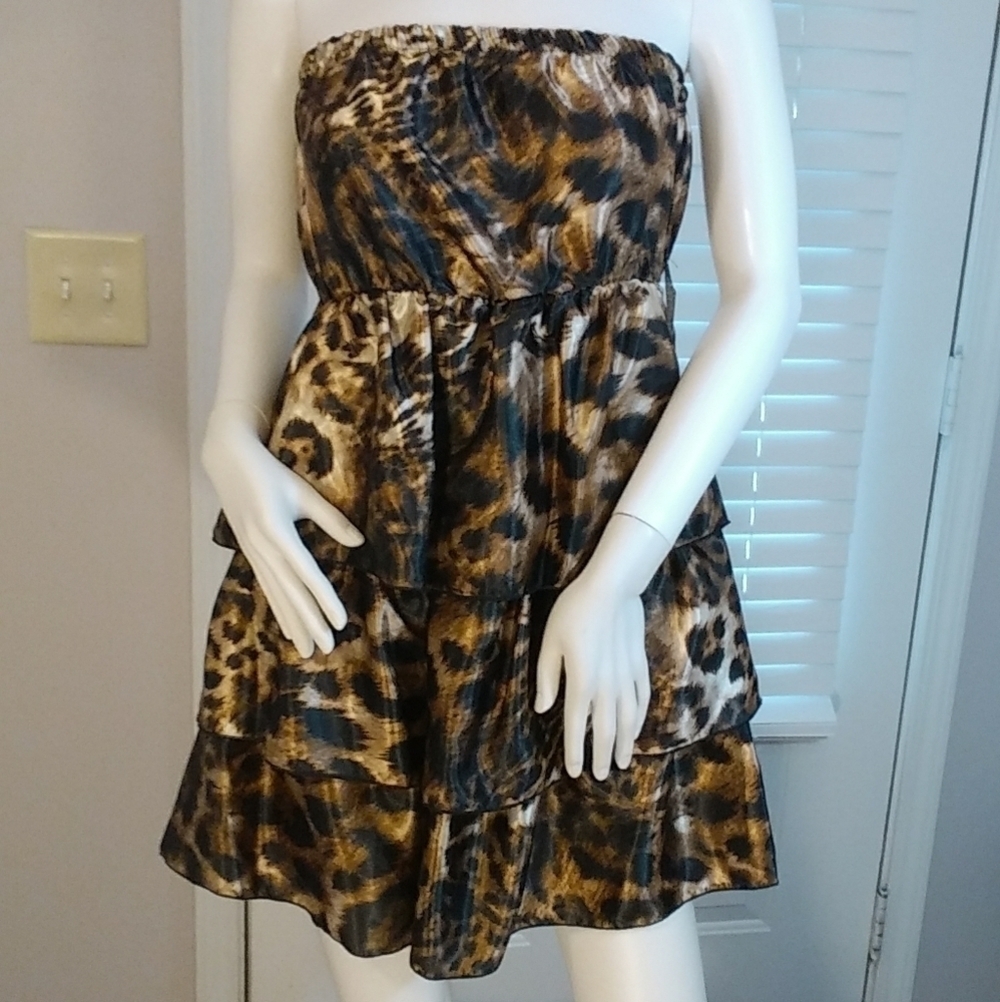 Dots Black Tan Animal Print Halter Baby Doll Tier Layer Ruffle Mini Dress Size